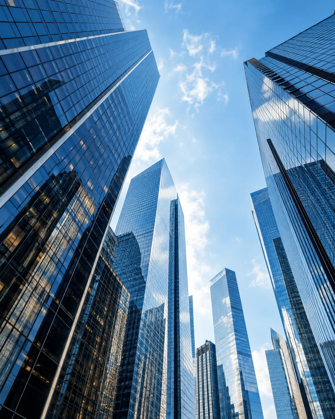 Glass skyscrapers rising toward a clear sky